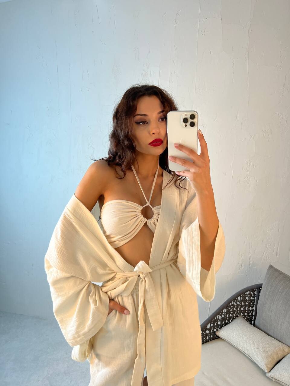3-teiliges Set aus Kimono, Crop-Top und langer Hose