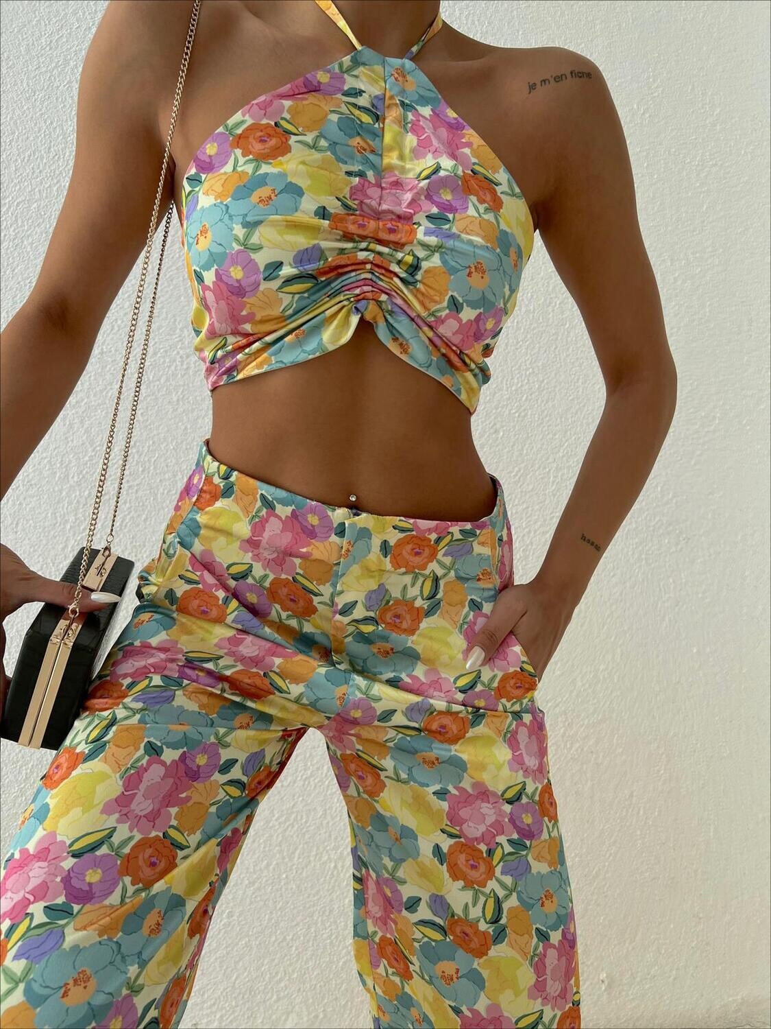 2 piece floral crop top and long pants set