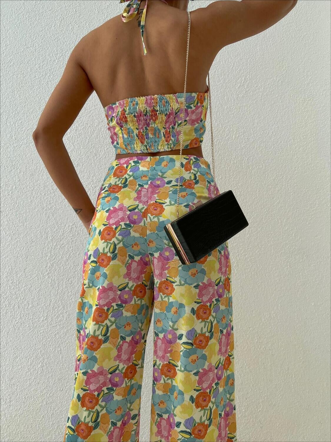 2 piece floral crop top and long pants set