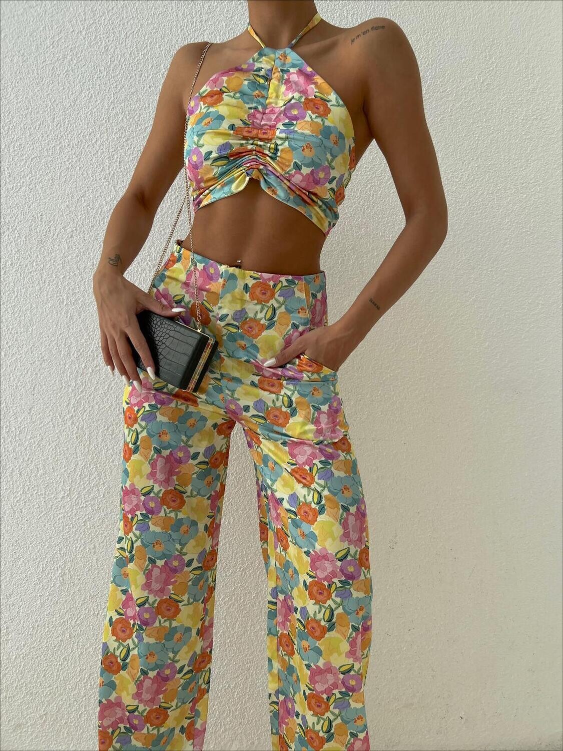 2 piece floral crop top and long pants set