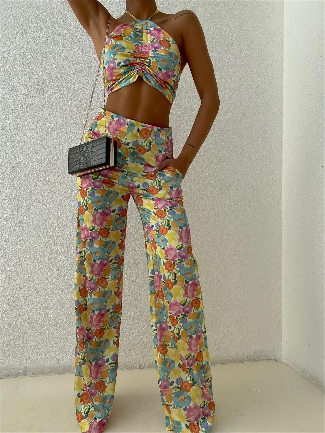 2 piece floral crop top and long pants set