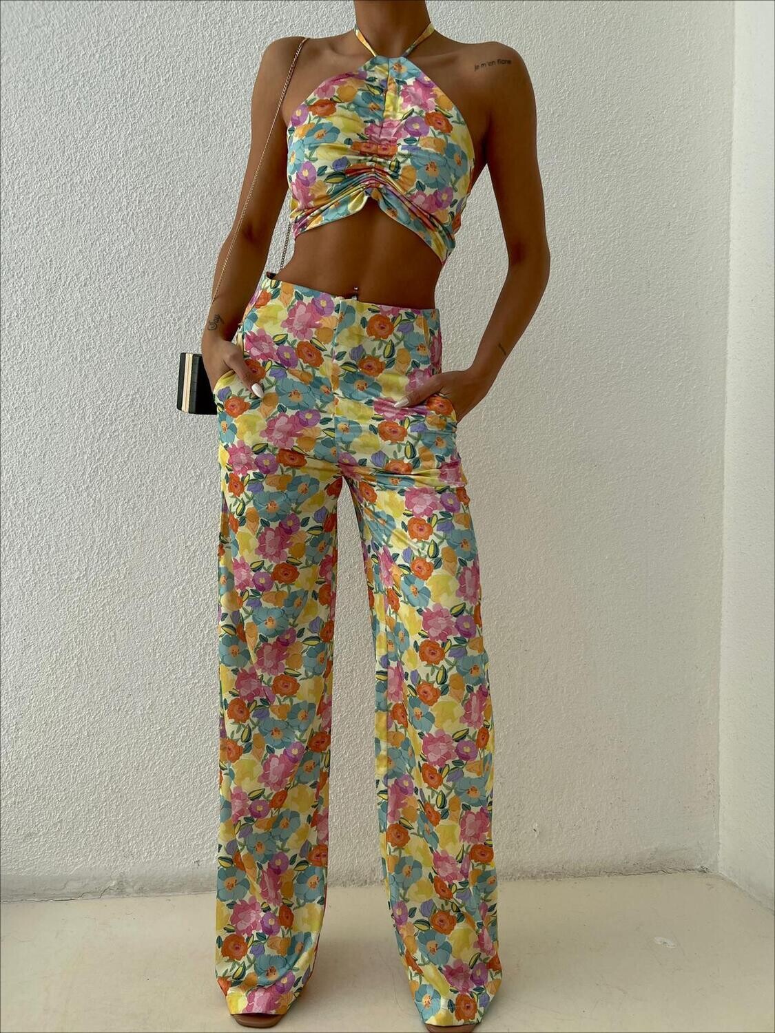 2 piece floral crop top and long pants set