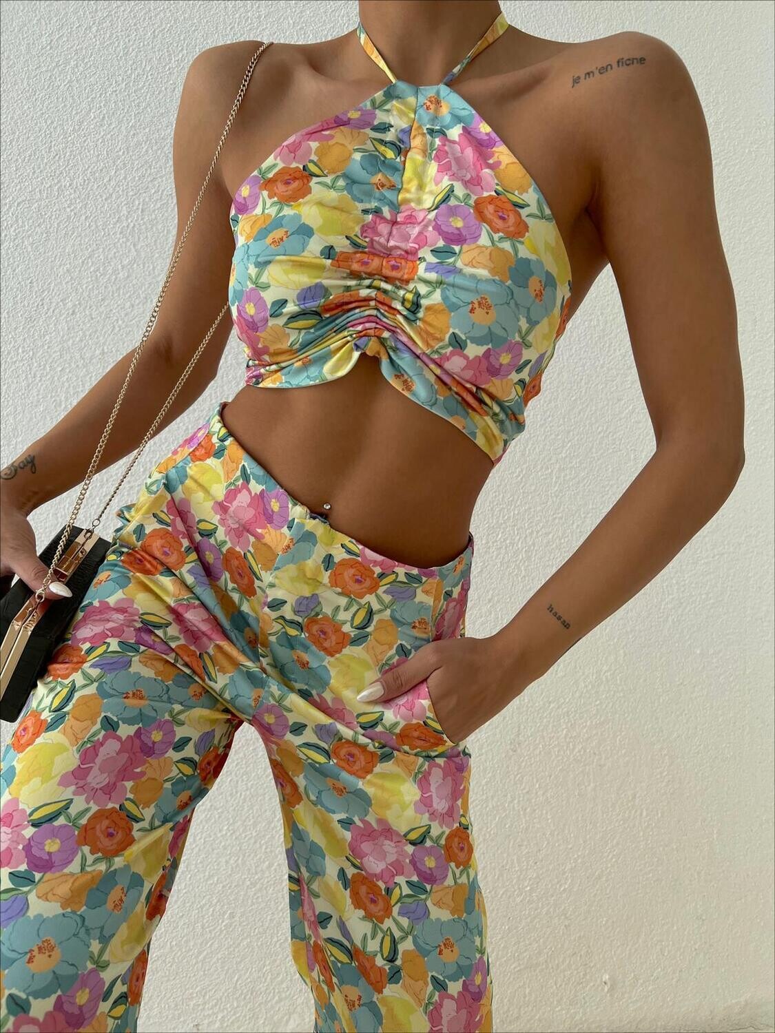 2 piece floral crop top and long pants set