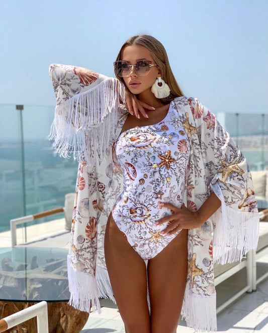 One shoulder swimsuit with short kimono